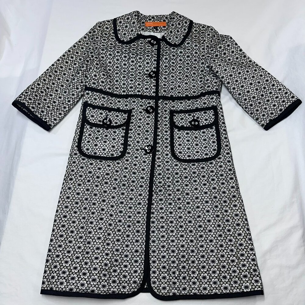 Cynthia Steffe Eyelet Floral Coat 3/4 Sleeve Size Small 36" Length Black/White